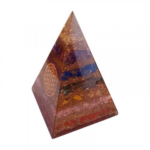 Orgonitová pyramida SEDM ČAKER a KVĚT ŽIVOTA (konkrétní kus) 10 cm