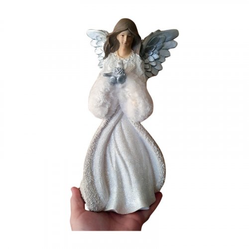 Dekorativní soška Anděl bílý se stříbrnými křídly glitrovaný 29 cm