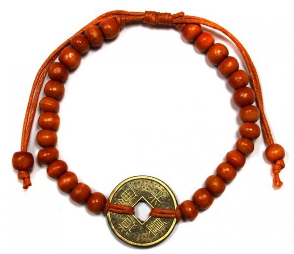 Náramek Feng-Shui dřevěné korálky s čínskou mincí štěstí - Barva: Oranžová